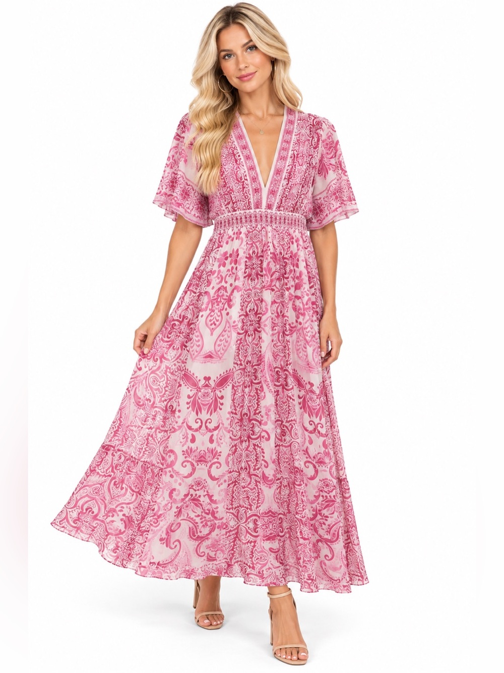 NWT Hale Bob Size Medium Pink Floral Paisley Maxi Dress with V-Neck